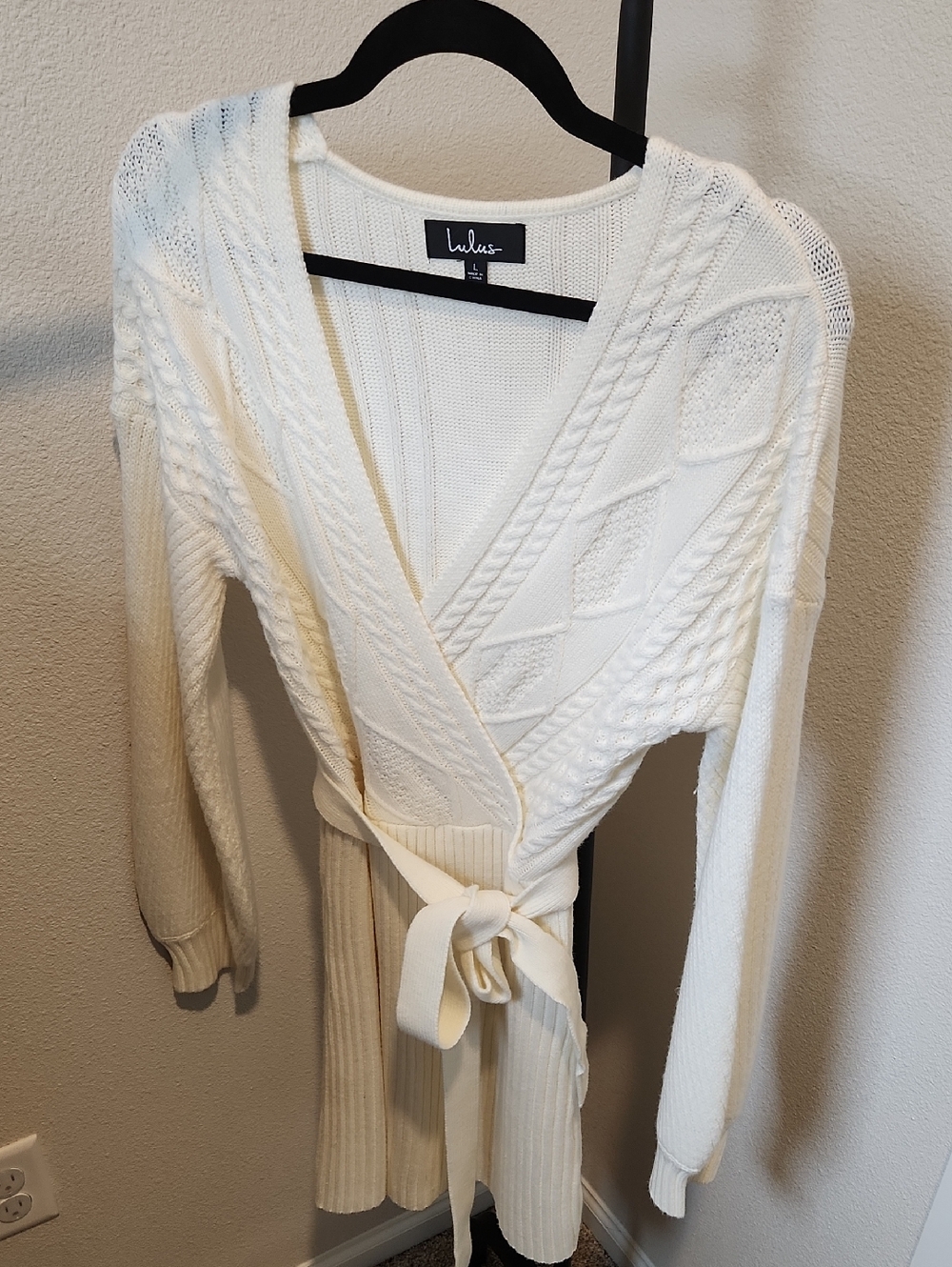 Lulu's Ivory Cable-Wrap Tie Sweater Dress